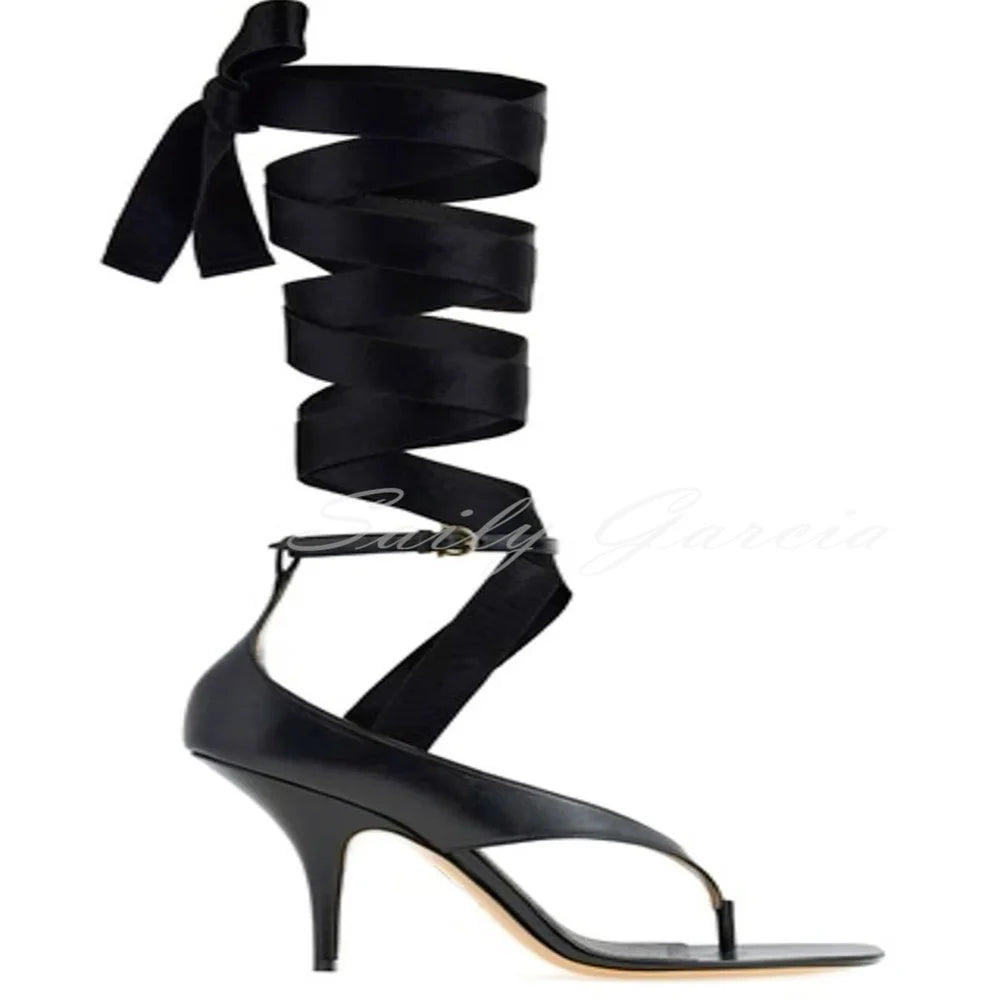 Brown Leather High Heel Flip Flop Women Open Toe Ribbon Lace Up Buckle Strap Solid Color Summer New 2025 Runway Dress Sandals