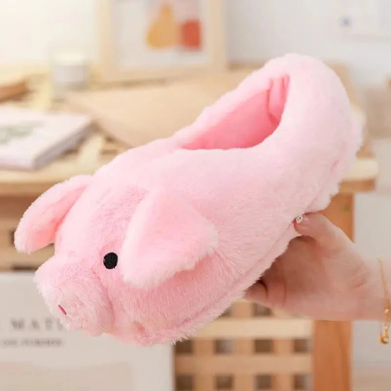 Furry stereoscopic piggy slippers home indoor slip-on fur loafers shoes ladies chunky roomy floor slippers pink animal slides