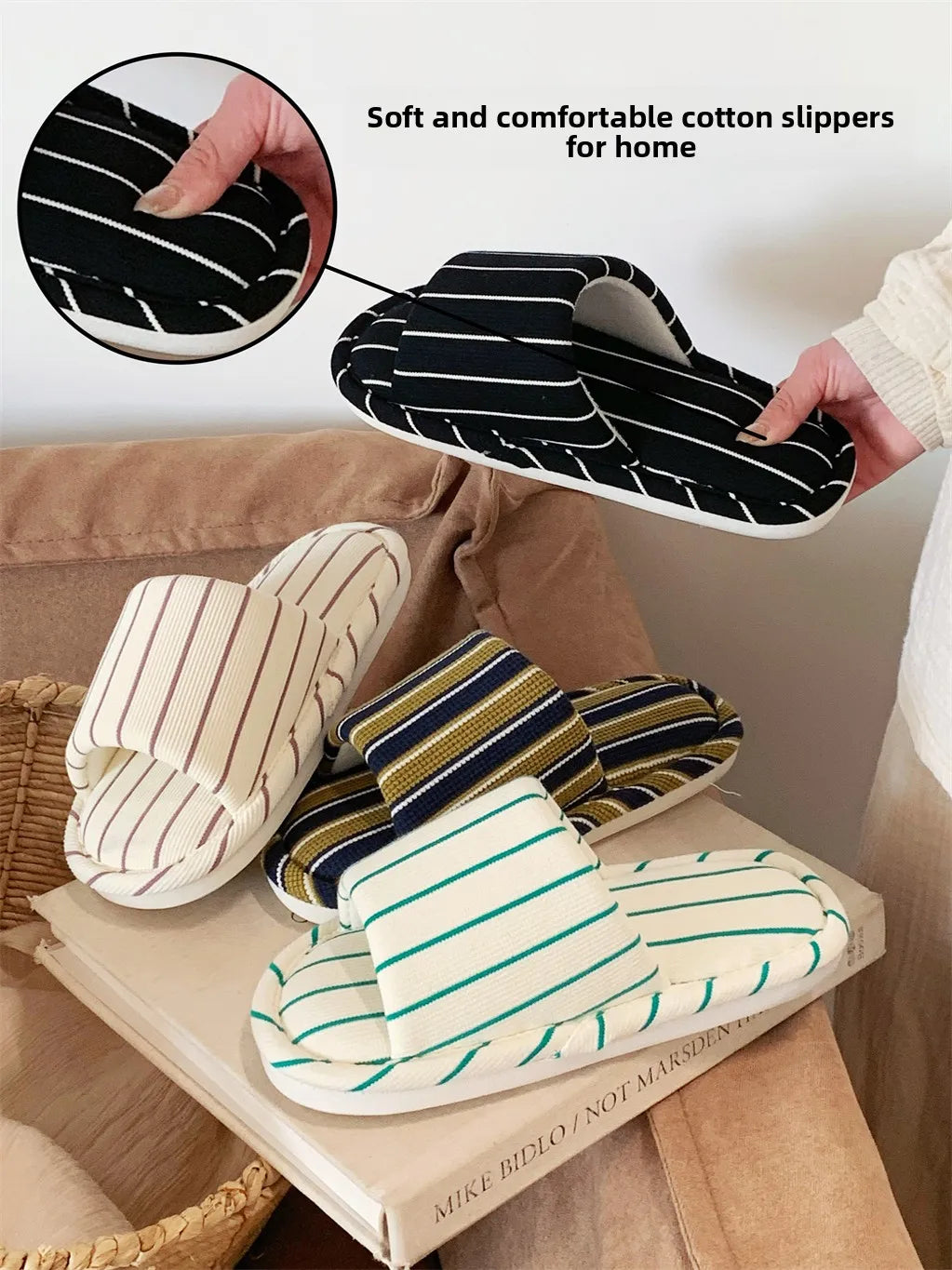 Comfortable Cotton Linen Slippers Women Stripe Design Soft Floor Shoes Four Seasons