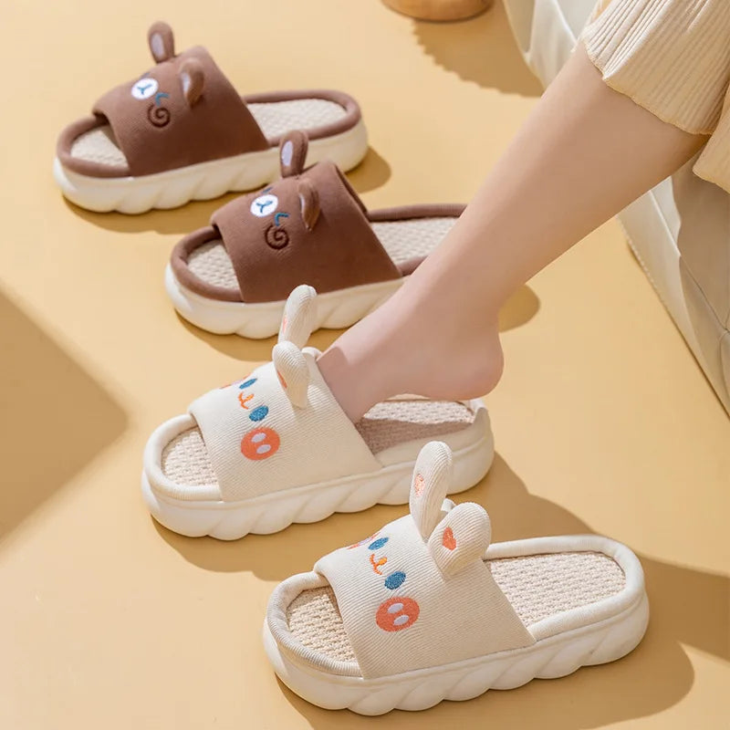 Home Linen Slipper for Women Cute Bunny Clouds Flip Flops Female Design Cozy Shoes Slides Four Season Platform Couples Sandals
