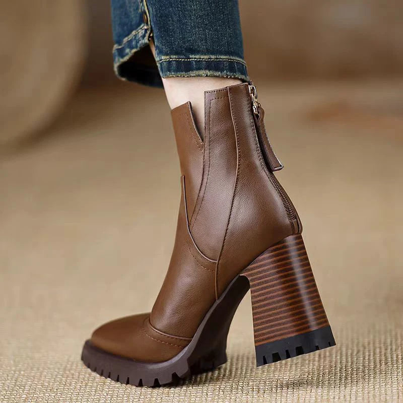 Oulylan Thick High-heeled Women Shoes Retro Elegant Back Zipper Short Boot Autumn Winter Fashion Soft Leather Boots 34-39
