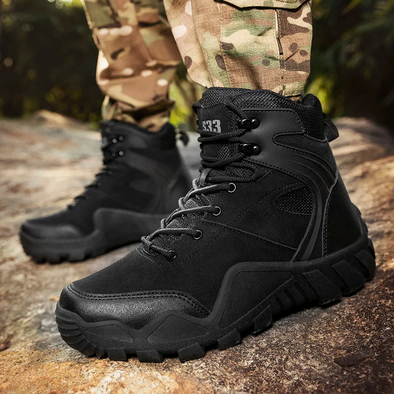 High-top Boots Men Outdoor Thick-soled Shock-absorbing Combat Boots Men Soft Durable Casual Lace-up Comfortable Hiking Shoes Men