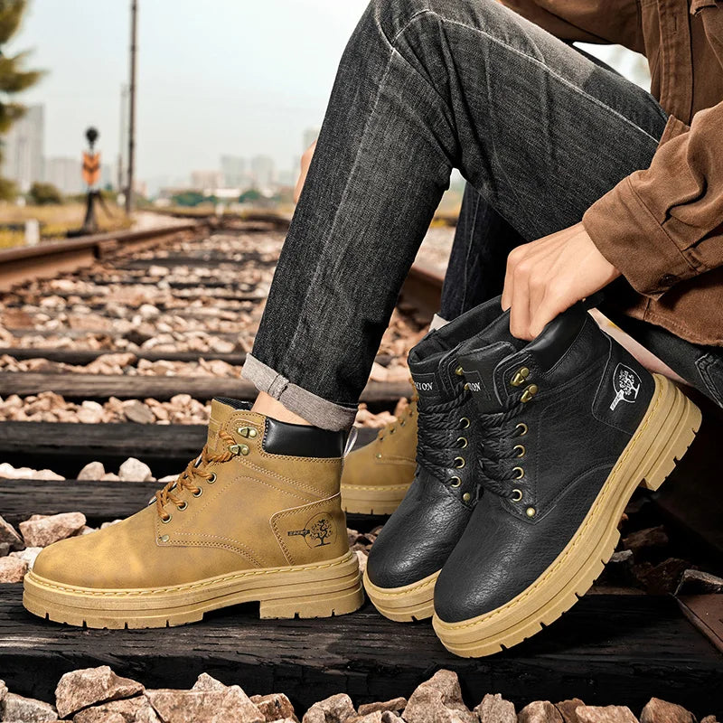 Brand Black Men's Motorcycle Boots Platform Work Boots Man Street Outdoor Biker Shoes Men Leather Ankle Boots for Men Casual