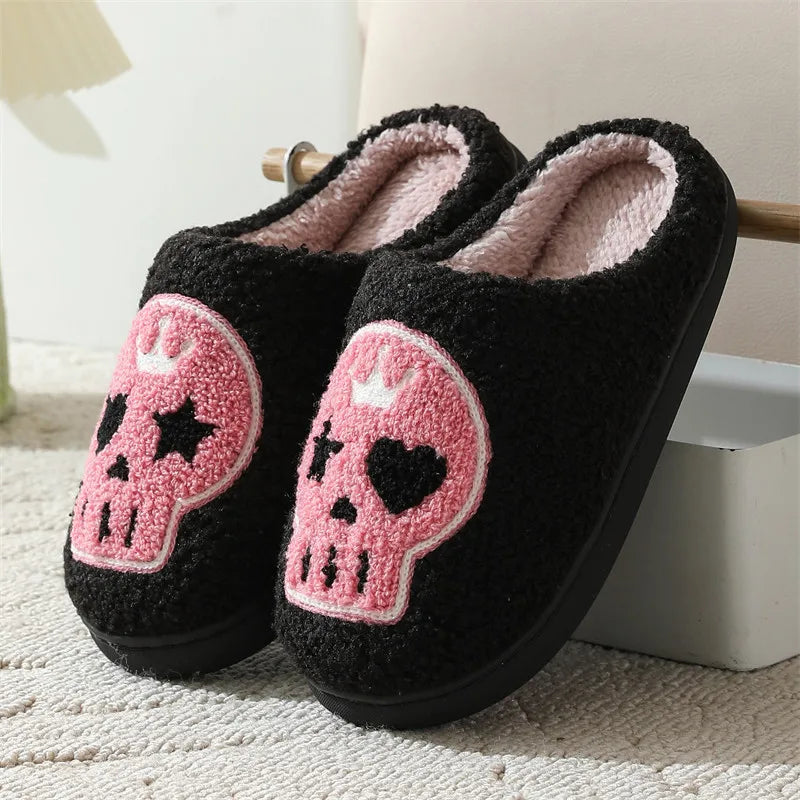 Punk Pink Skull Embroidery Couple Slippers Women 2025 Winter Comfort Flat Heel Cotton Slides Non Slip Plush Indoor Slippers