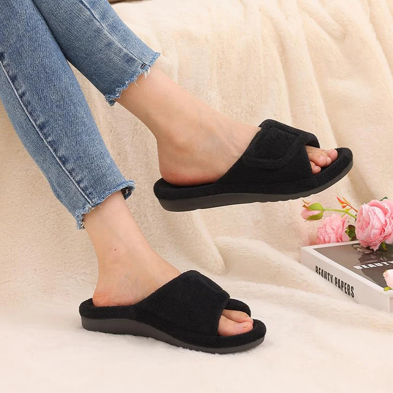 Pallene Winter Furry Women's Orthopedic Slippers With Arch Support Home Slides Open Toe Non-slip Slippers With Velcro Adjustable