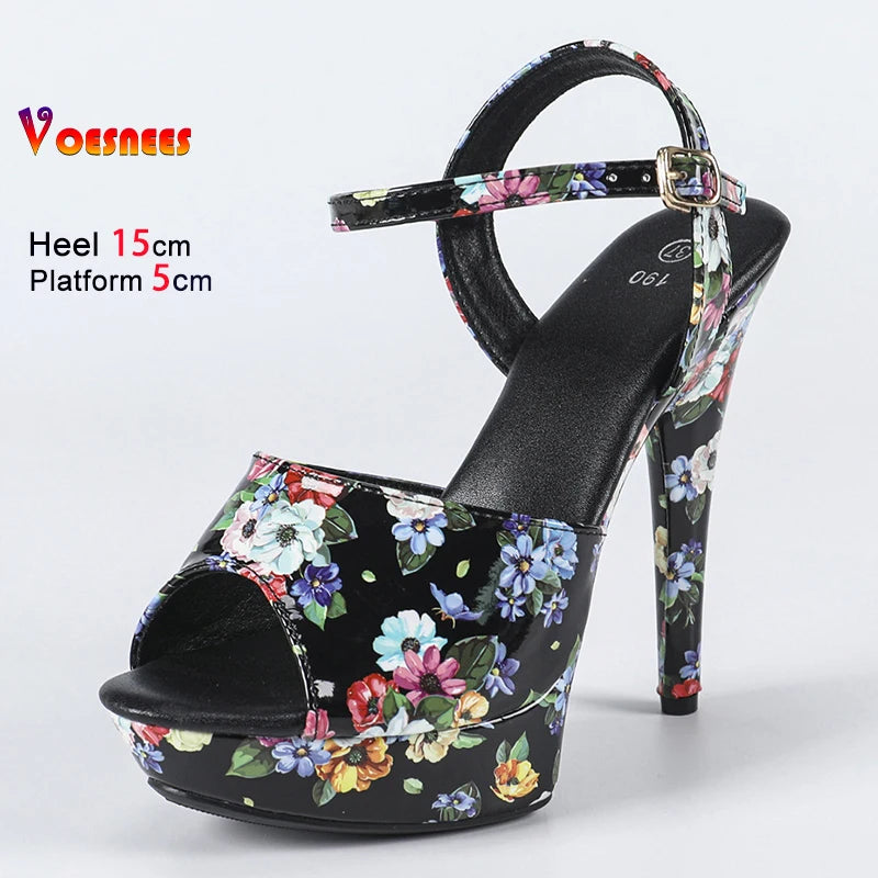 With Flower Print Women Summer Buckle Thick Platform Party Sandals 2025 New Fashion Model T Show Shoes 13CM 15CM 17CM High Heels