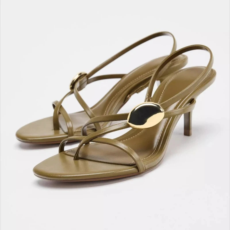 Luxury Metal-Embellished brand Designer High-Heel Sandals Women Fashion Cross-tied Heels Summer Sexy beach slingbacks Flip-Flops