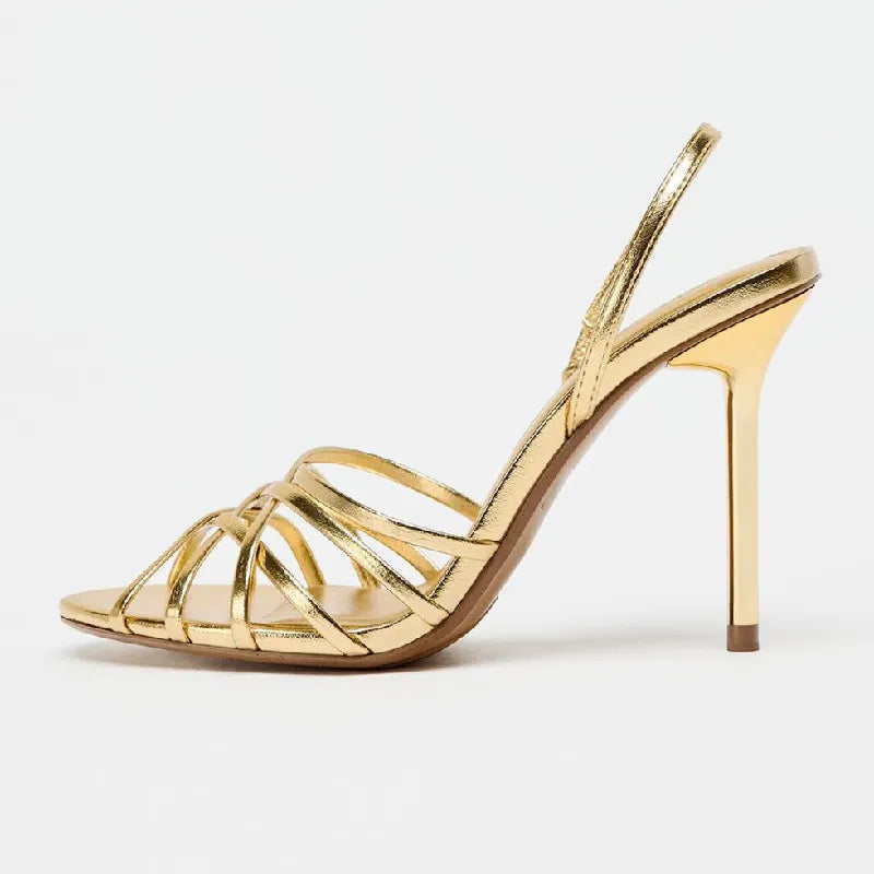 Luxury Gold Heeled Sandals Women Sexy Cross Narrow Strap Hollow Thin Heeled Bridal Pumps Fashion Back Strap Banquet Dress Heels