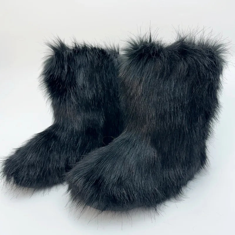 2023 Y2k Fur Snow Boots for Women Winter Warm Plush Boots Outdoor Platform Solid Color Mid Calf Boots Furry Cute Girl Shoes