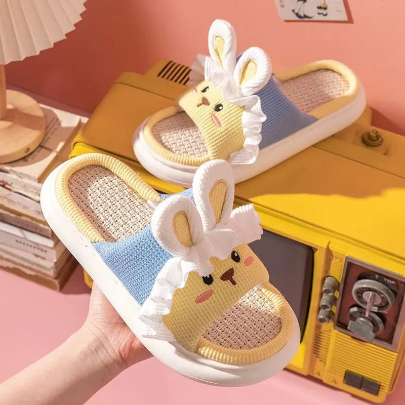 Home Linen Slipper for Women Cute Bunny Clouds Flip Flops Female Design Cozy Shoes Slides Four Season Platform Couples Sandals