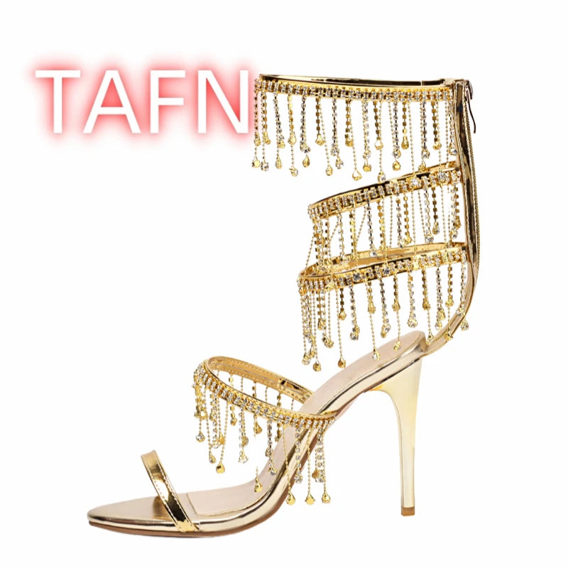 2025 Summer New Diamond Drip Sandals Women's Embellished High Heeled Sandals In Gold And Silver Metallic Beaded Trim Sandals