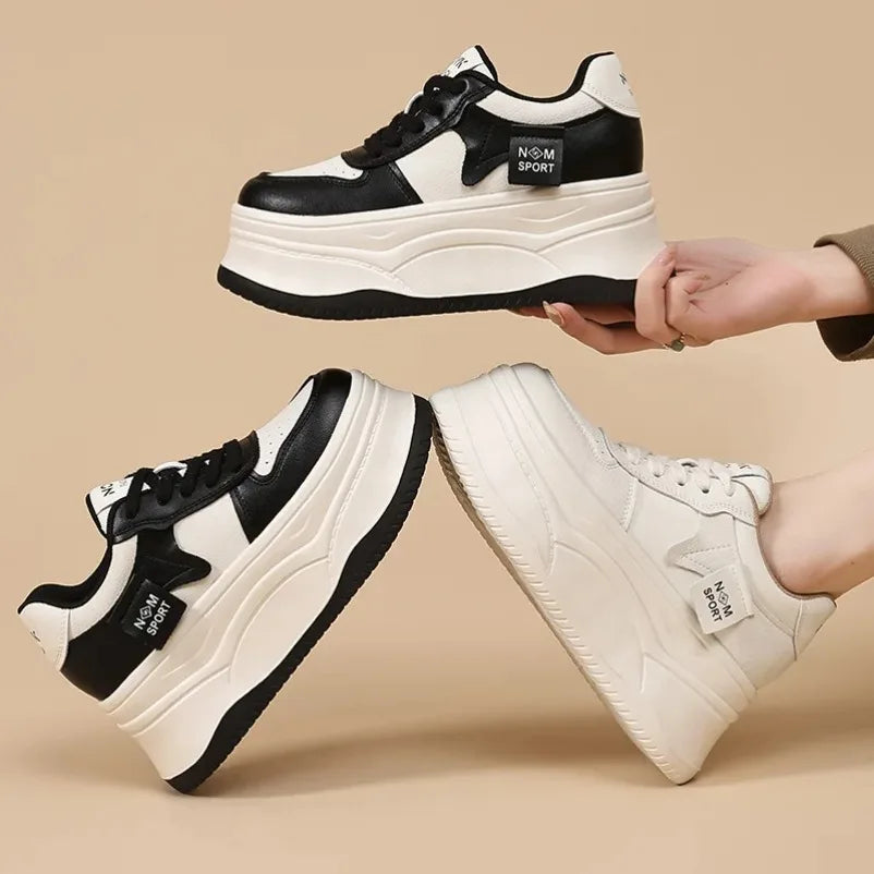 Koznoy Chunky Sneakers Genuine Leather Women Walking Shoes Autumn 12cm Platform Sneakers for Women Casual Shoes White Shoes