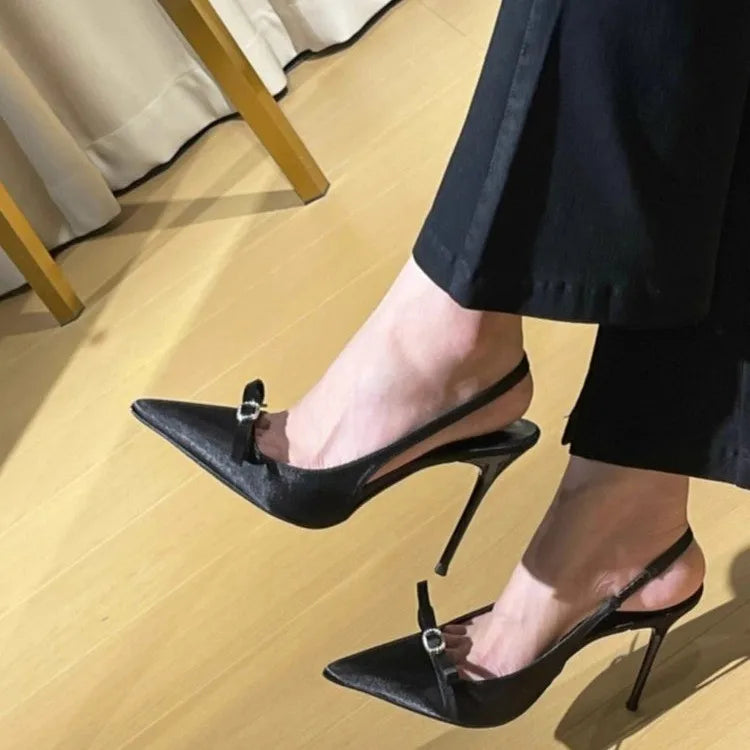 Knot Head High Heels Sandals Women's Faionable Ele Velvet arp Point Thin Heel Low Cut Summer oes