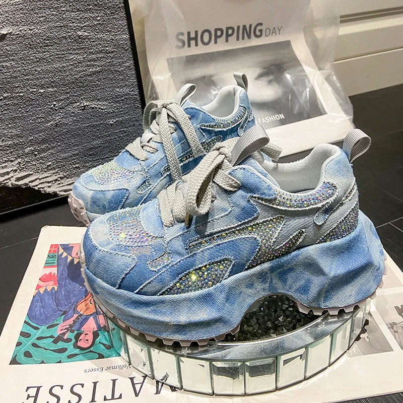 7CM Women Silver Crystal Casual Canvas Chunky Sneakers Woman Stylish Sport Shoes Lace-Up Platform Luxury Shoes zapatos mujer
