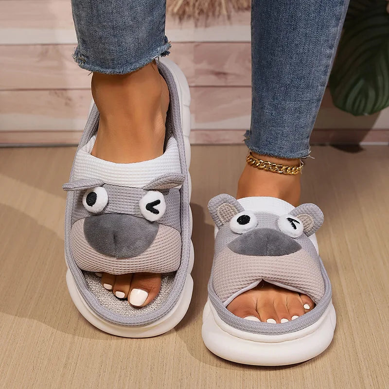 Home Linen Slipper for Women Cute Bunny Clouds Flip Flops Female Design Cozy Shoes Slides Four Season Platform Couples Sandals