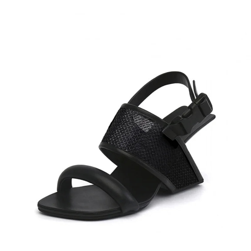 Summer Concise Sexy Women Sandals Square Toe Strange Heels Buckle Femme Pumps Shallow Peep Toe Solid Color Non-Slip Lady Shoes