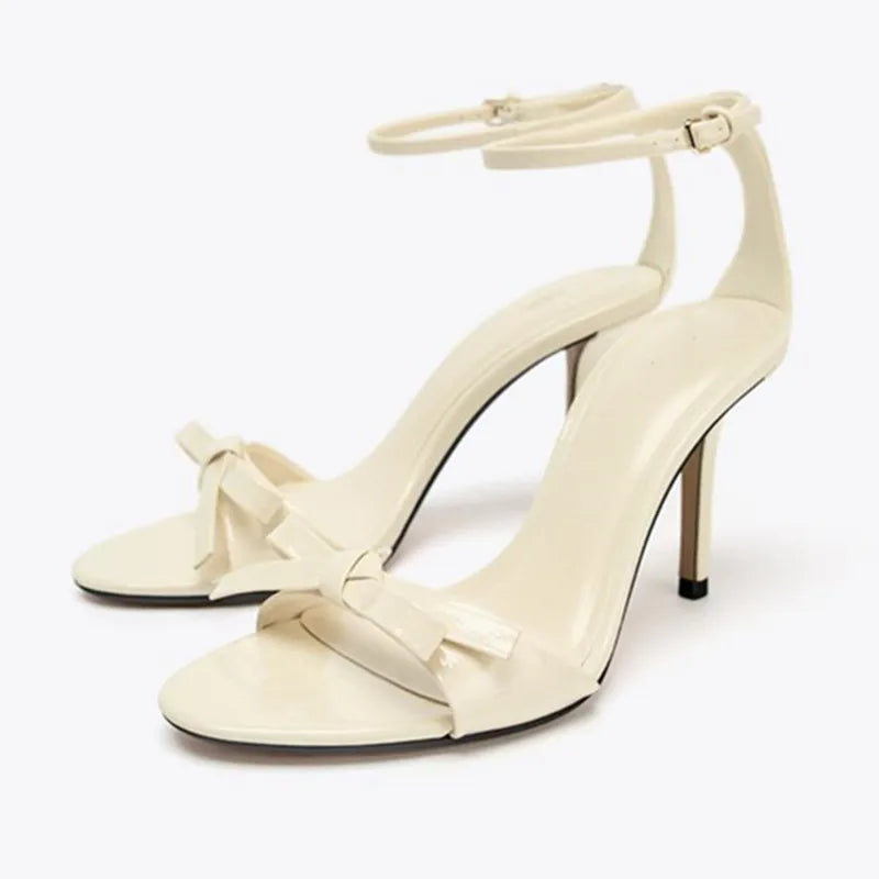 Beige Bow Designer Shoes Ankle Strap Heeled Sandals Women Elegant Patent Leather Thin High Heels Party Shoes Sandalias De Mujer