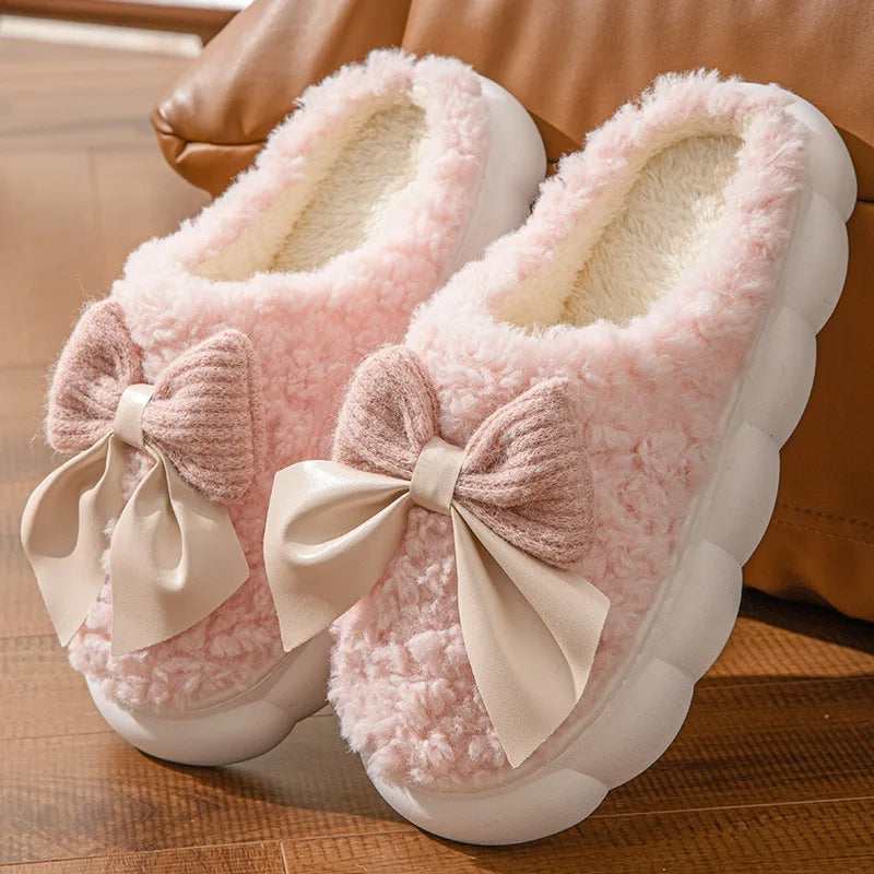Sweet Bowknot Furry Indoor Slippers Women 2025 Winter Comfort Non Slip Home Cotton Slippers Warm Fluffy Fur Slides for Woman