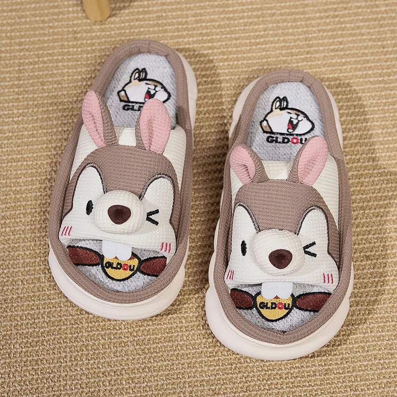 Home Linen Slipper for Women Cute Bunny Clouds Flip Flops Female Design Cozy Shoes Slides Four Season Platform Couples Sandals
