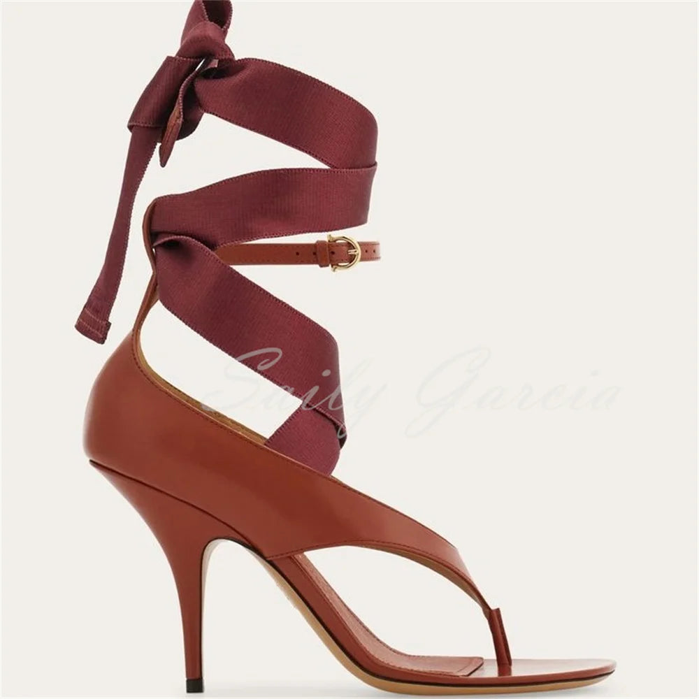 Brown Leather High Heel Flip Flop Women Open Toe Ribbon Lace Up Buckle Strap Solid Color Summer New 2025 Runway Dress Sandals