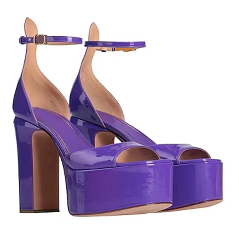 Platform Shallow Cover Heel Sandals Sexy Pointed Toe Ankle Buckle Belt Patent Leather New Arrivals Fashion Women Modern Shoes