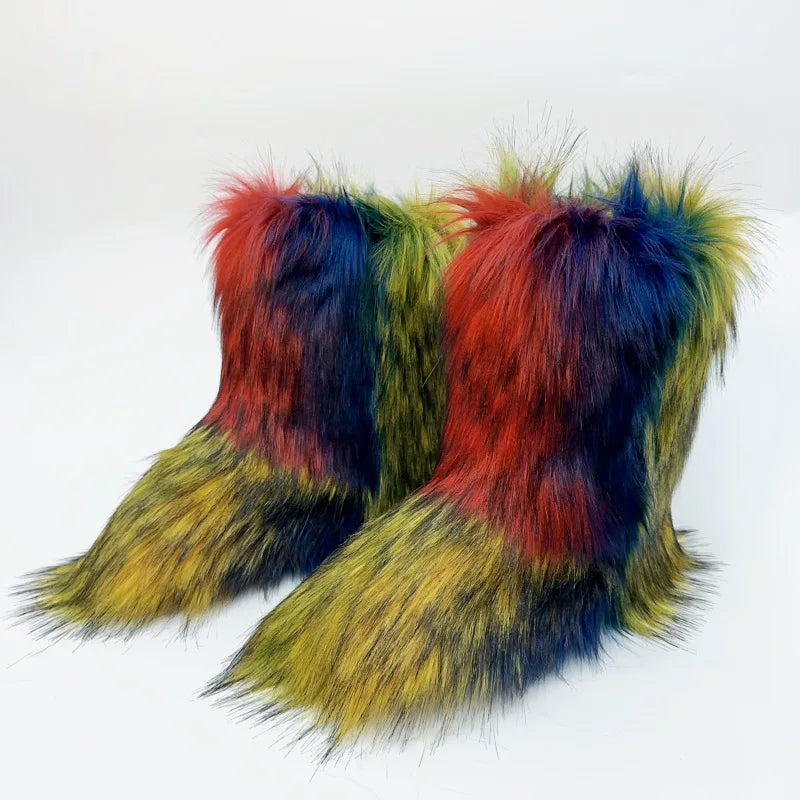 2023 Y2k Fur Snow Boots for Women Winter Warm Plush Boots Outdoor Platform Solid Color Mid Calf Boots Furry Cute Girl Shoes