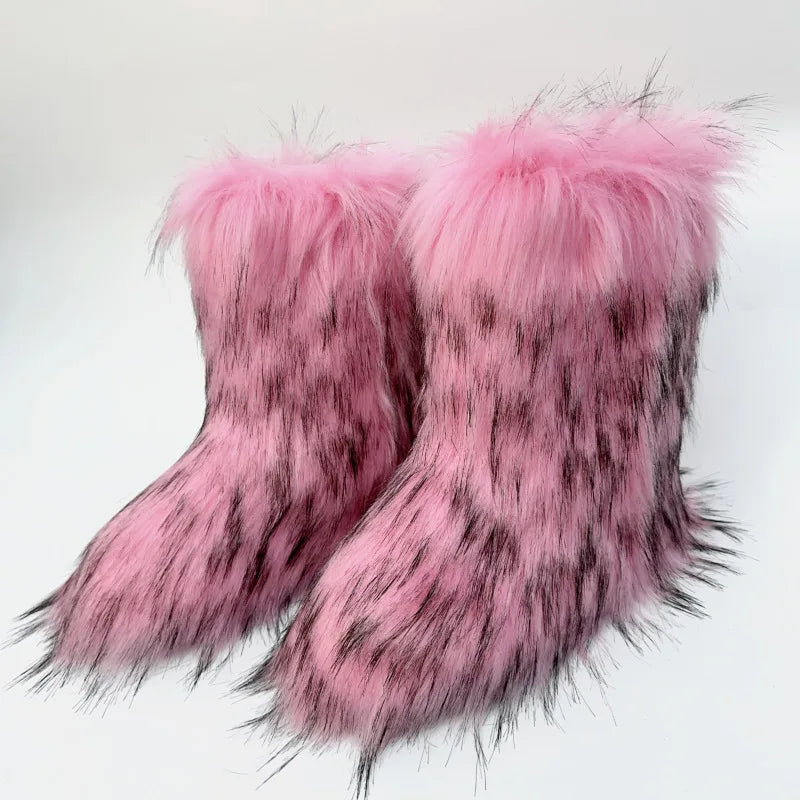 2023 Y2k Fur Snow Boots for Women Winter Warm Plush Boots Outdoor Platform Solid Color Mid Calf Boots Furry Cute Girl Shoes