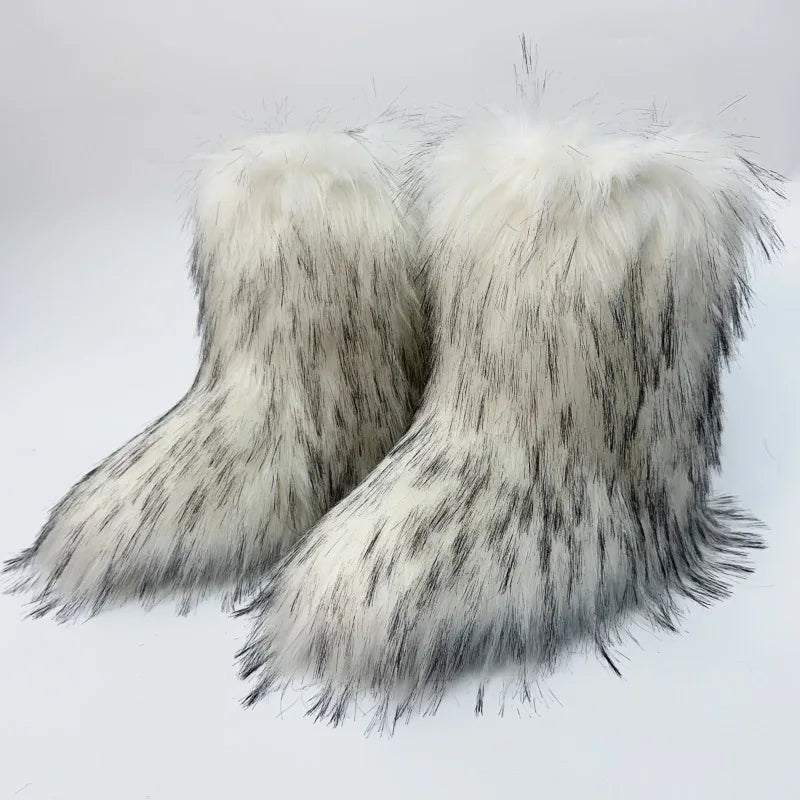2023 Y2k Fur Snow Boots for Women Winter Warm Plush Boots Outdoor Platform Solid Color Mid Calf Boots Furry Cute Girl Shoes