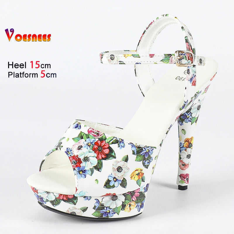 With Flower Print Women Summer Buckle Thick Platform Party Sandals 2025 New Fashion Model T Show Shoes 13CM 15CM 17CM High Heels