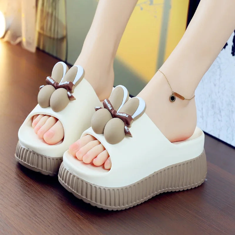 New arrival wedge ear platform clogs women's summer slippers high heel 7 cm height increase slides shoes woman beach mules clogs