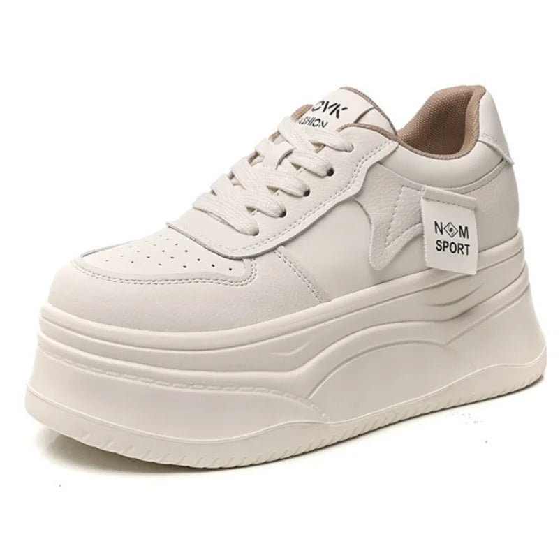 Koznoy Chunky Sneakers Genuine Leather Women Walking Shoes Autumn 12cm Platform Sneakers for Women Casual Shoes White Shoes
