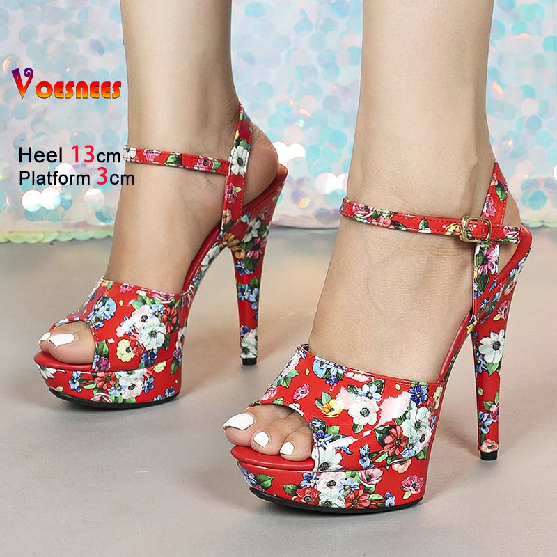 With Flower Print Women Summer Buckle Thick Platform Party Sandals 2025 New Fashion Model T Show Shoes 13CM 15CM 17CM High Heels