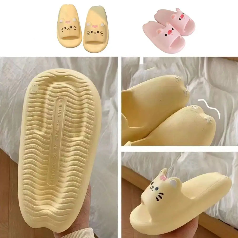 Lovely Cartoon Cat Pig Slippers Cute Anti-slip Kawaii Slippers Women Soft Sole Beachwear Shoes Slides Sandals Ladies