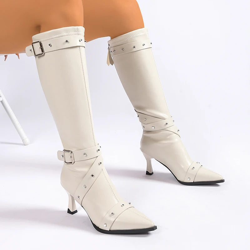 Fashion Stiletto High Heels Women Knee High Boots Sexy Point Toe Night Club Party Shoes Woman Rivet Buckle PU Leather Long Boots