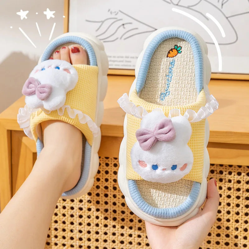 Home Linen Slipper for Women Cute Bunny Clouds Flip Flops Female Design Cozy Shoes Slides Four Season Platform Couples Sandals