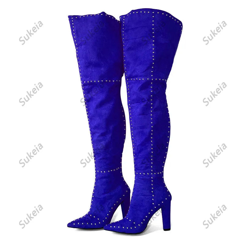 Sukeia Handmade Women Winter Thigh Boots Sexy Rivets Chunky Heels Pointed Toe Beautiful Fuchsia Red Shoes Ladies US Size 5-15