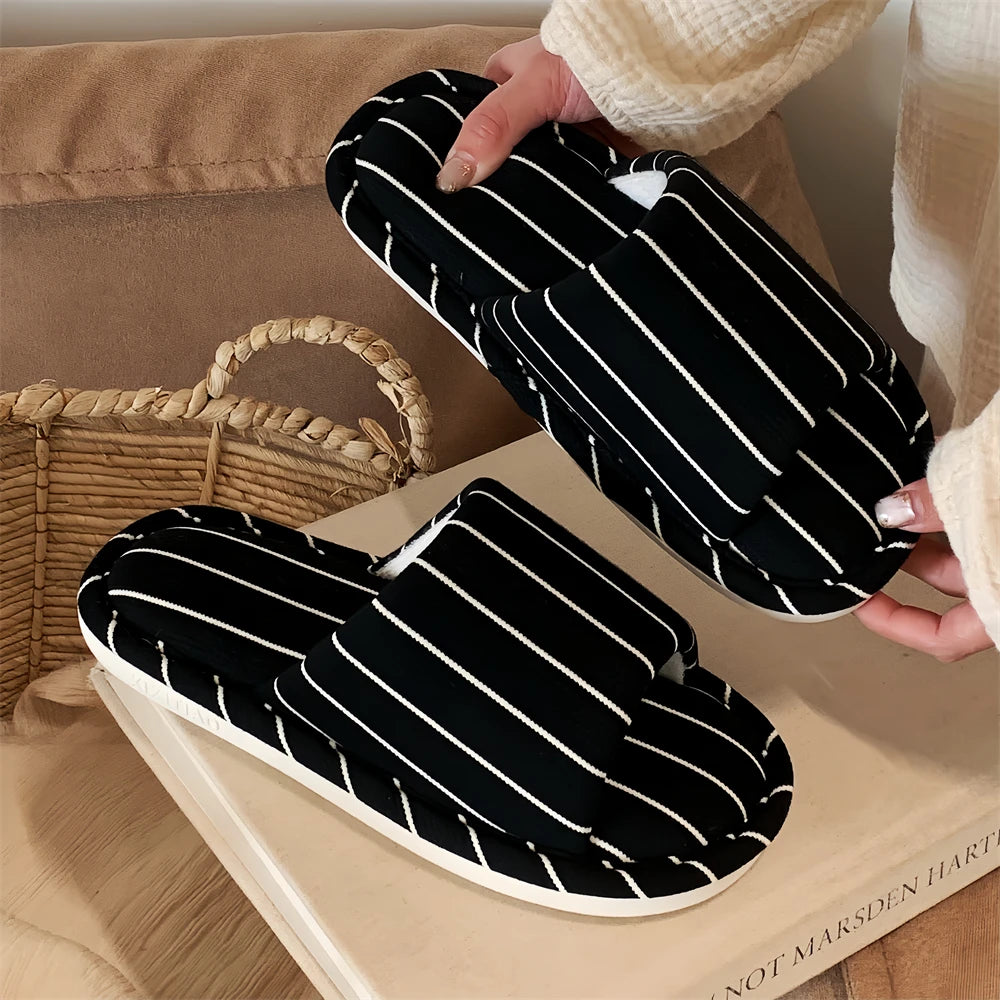Comfortable Cotton Linen Slippers Women Stripe Design Soft Floor Shoes Four Seasons