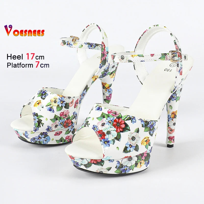 With Flower Print Women Summer Buckle Thick Platform Party Sandals 2025 New Fashion Model T Show Shoes 13CM 15CM 17CM High Heels
