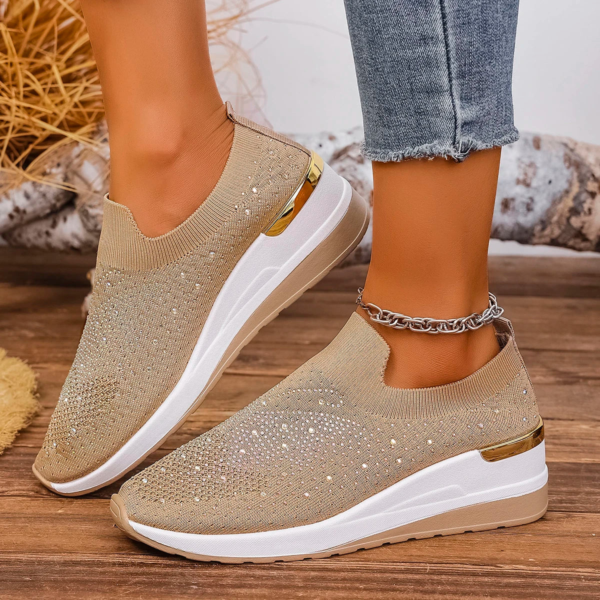 2025 Women Wedges Platform Sneakers Autumn Fashion Woven Round Toe Casual Sneakers Sports Slip-on Non Slip Vulcanized Shoes