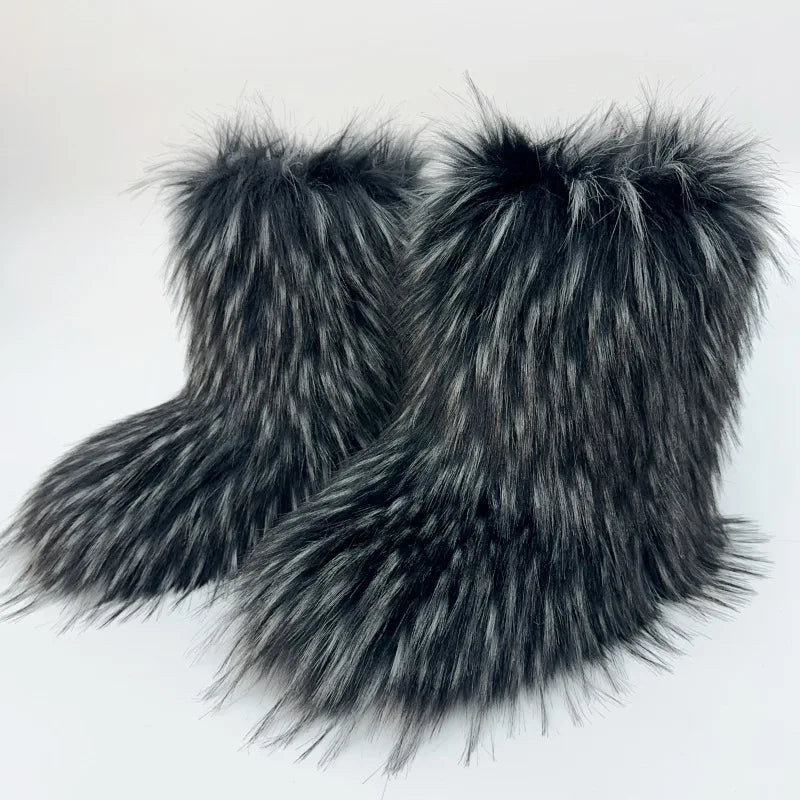 2023 Y2k Fur Snow Boots for Women Winter Warm Plush Boots Outdoor Platform Solid Color Mid Calf Boots Furry Cute Girl Shoes