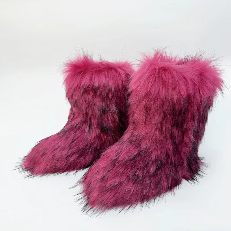 2023 Y2k Fur Snow Boots for Women Winter Warm Plush Boots Outdoor Platform Solid Color Mid Calf Boots Furry Cute Girl Shoes