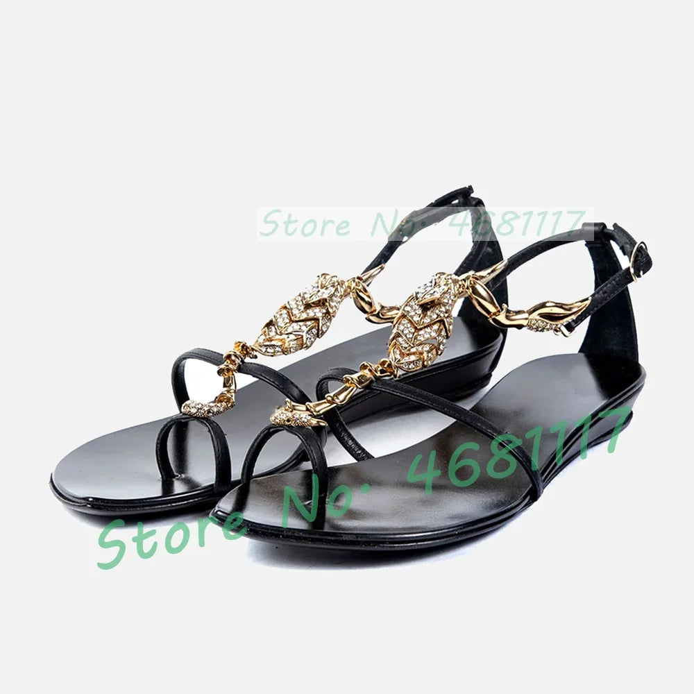 Black Leather Sandals With Gold Luxury Hardware Women Sparkly Cross T Strap Studded Shoes Ladies Party Ankle Strap Bling Sandals