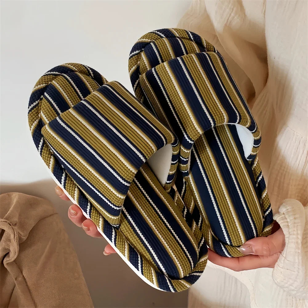 Comfortable Cotton Linen Slippers Women Stripe Design Soft Floor Shoes Four Seasons