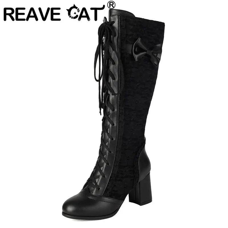 REAVE CAT 2025 Women's Knee-High Boots - Round Toe 6.5cm Block Heels Lace-Up & Bowknot Black Party Footwear Size 48