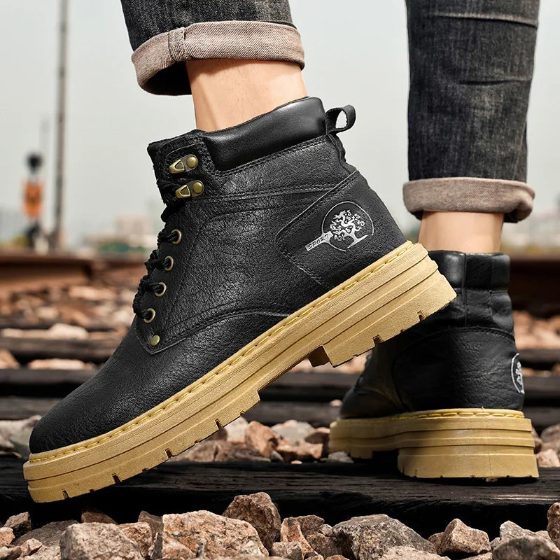 Brand Black Men's Motorcycle Boots Platform Work Boots Man Street Outdoor Biker Shoes Men Leather Ankle Boots for Men Casual