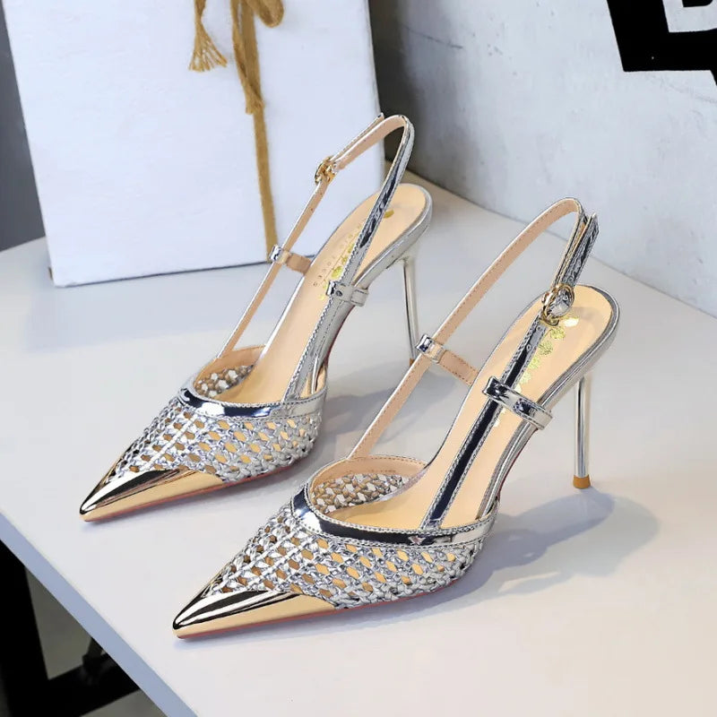 New Fashionable Hollow Weaving Fine Heel Sandals with Women's High Grade, Metal Pointed Straight Strap High Heels