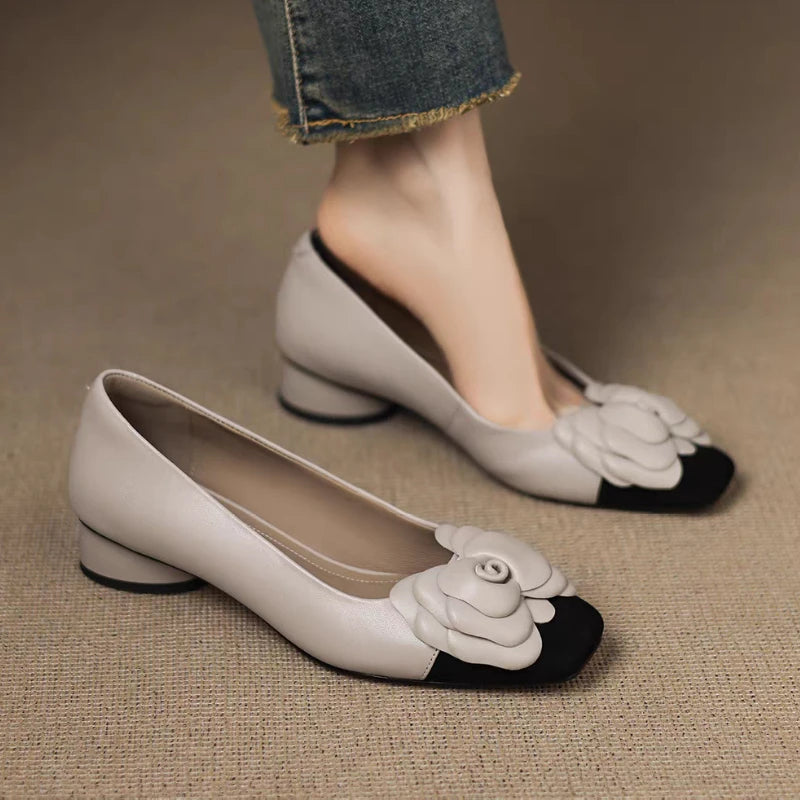 Elegant Women Heeled Shoes Flower New Chunky Loafers Shoes Winter New Designer 2025 Woman Marie Janes Party Pumps Zapatos Mujer