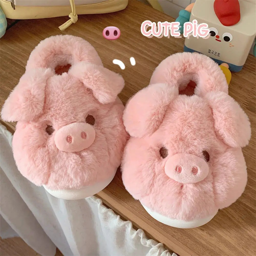 Feerldi Pink fluffy pig slippers women slip on animal slides indoor house furry cotton shoes warm 2024 new girls piggy shoes