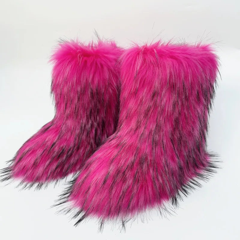 2023 Y2k Fur Snow Boots for Women Winter Warm Plush Boots Outdoor Platform Solid Color Mid Calf Boots Furry Cute Girl Shoes