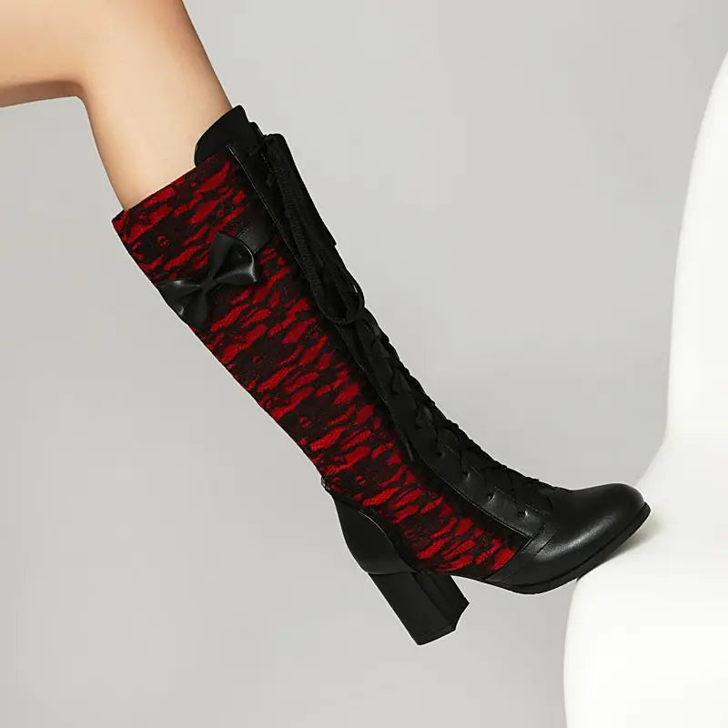 REAVE CAT 2025 Women's Knee-High Boots - Round Toe 6.5cm Block Heels Lace-Up & Bowknot Black Party Footwear Size 48